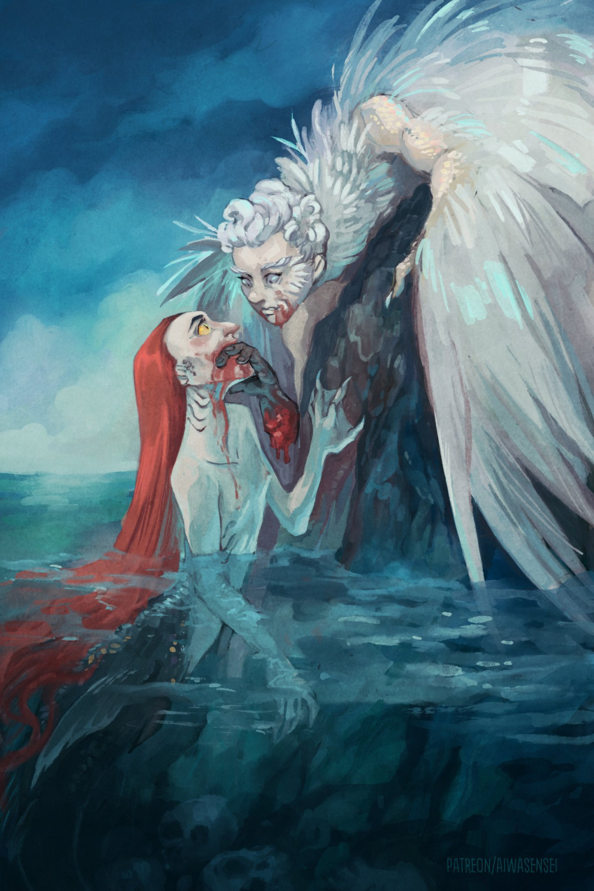 2boys aiwasensei aziraphale_(good_omens) blood blood_from_mouth blood_on_face crowley_(good_omens) disembodied_hand feathered_wings feathers fins fish_tail good_omens greek_mythology highres long_hair looking_at_another mermaid monster_girl multiple_boys red_hair scales siren_(mythology) tail very_long_hair white_feathers white_hair wings