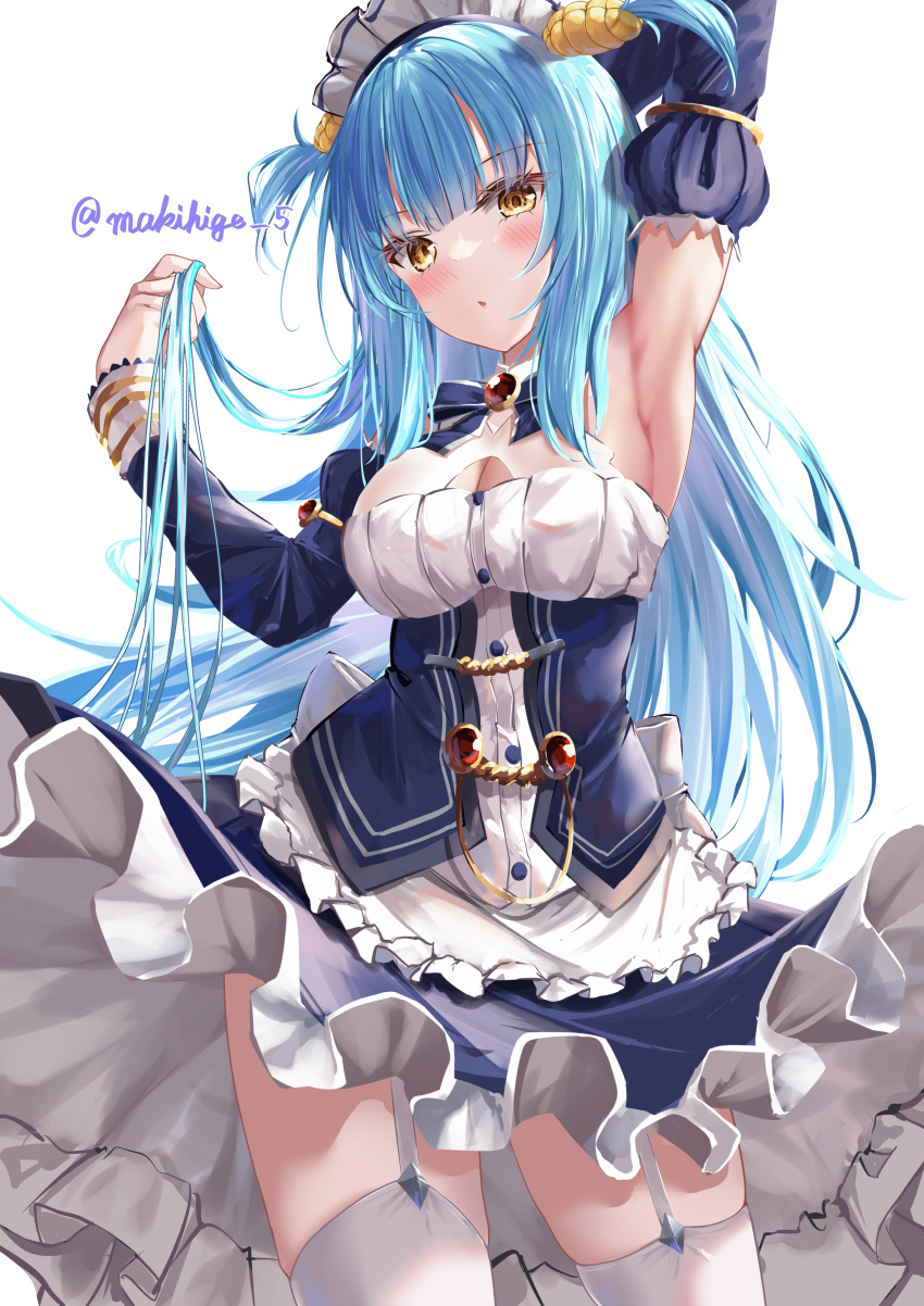 absurdres apron arm_up armpits azur_lane bare_shoulders blue_bow blue_bowtie blue_corset blue_dress blue_hair blush bow bowtie breasts cleavage corset detached_sleeves dress female frilled_apron frilled_dress frills from_below garter_straps gem hand_up highres holding holding_own_hair long_hair looking_at_viewer looking_down maid_headdress makihige medium_breasts neptune_(azur_lane) parted_lips red_gemstone shell_hair_ornament signature skindentation solo staring thighhighs thighs very_long_hair white_apron yellow_eyes