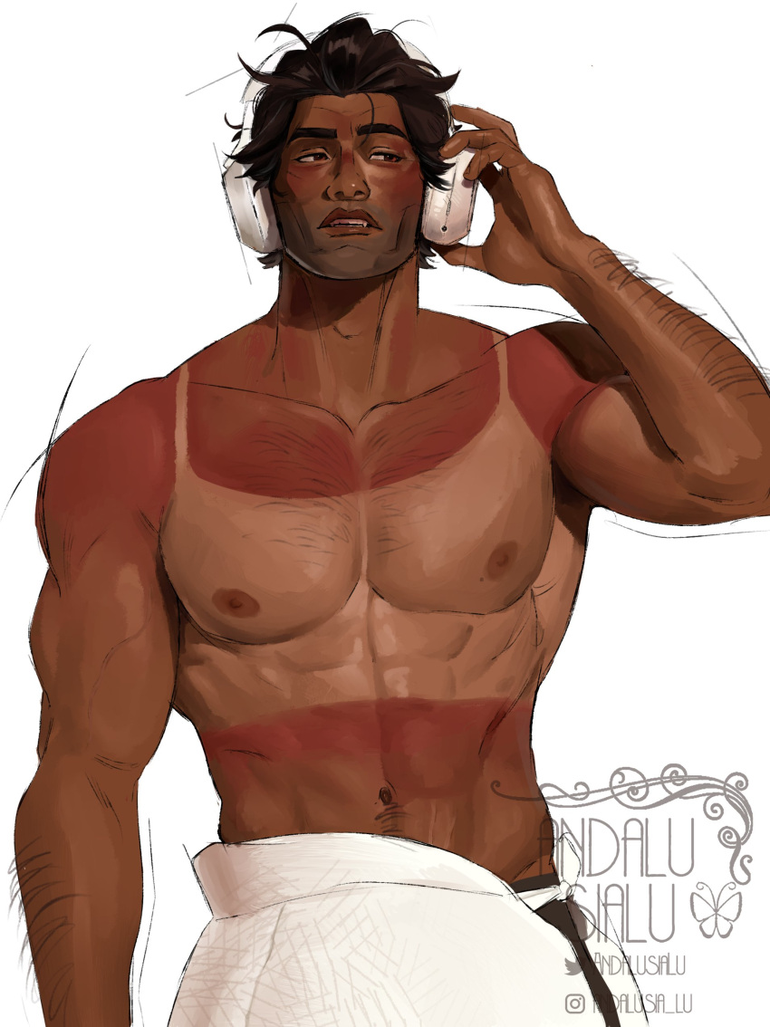 1boy abs absurdres andalusialu bara brown_hair cowboy_shot dark-skinned_male dark_skin hand_on_headphones heat_stroke_photoshoot_(meme) highres large_pectorals male_focus marvel mature_male meme miguel_o'hara muscular muscular_male navel nipples pectorals short_hair solo sparse_navel_hair spider-man:_across_the_spider-verse spider-man_(series) spider-verse standing sunburn thick_eyebrows topless_male white_headphones