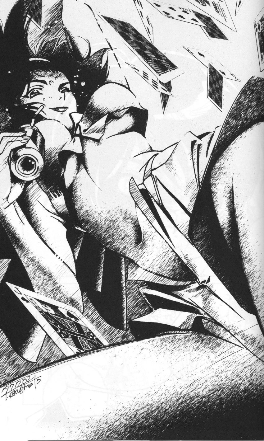 absurdres breasts can card cowboy_bebop drink_can faye_valentine female greyscale highres kawamoto_toshihiro lips monochrome official_art one_eye_closed poker soda_can solo spread_legs