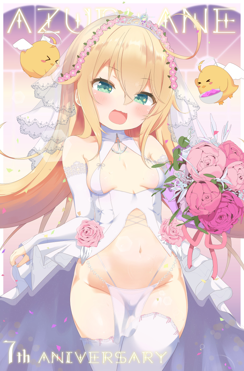 :d absurdres albacore_(azur_lane) alternate_costume anniversary azur_lane blonde_hair blush bouquet breasts bridal_gauntlets commentary_request copyright_name diadem dress english_text female flower frontless_outfit green_eyes groin hair_between_eyes hair_flower hair_ornament happy highleg highleg_panties highres hip_focus holding holding_bouquet long_hair looking_at_viewer makina9696 navel panties pelvic_curtain pink_flower pink_rose revealing_clothes rose skirt_hold small_breasts smile solo star_(symbol) star_in_eye stomach symbol_in_eye thighhighs thighs underwear veil very_long_hair wedding_dress white_dress white_panties