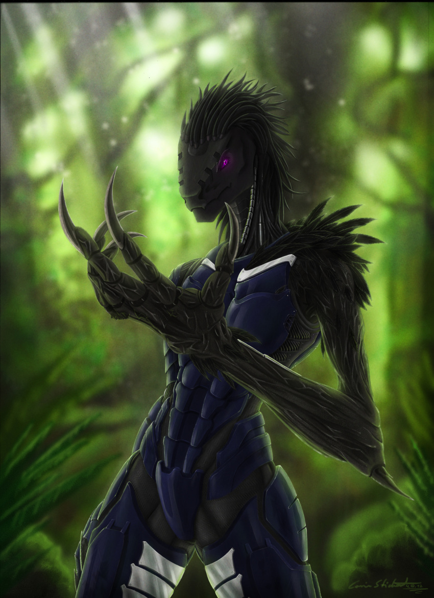 ambiguous_gender armor biomechanical bionicle black_body black_feathers blue_body claws fan_character feathers ferain_(artist) ferainart forest forest_background hi_res humanoid lego machine nature nature_background plant purple_eyes robot robot_humanoid solo tree vortixx