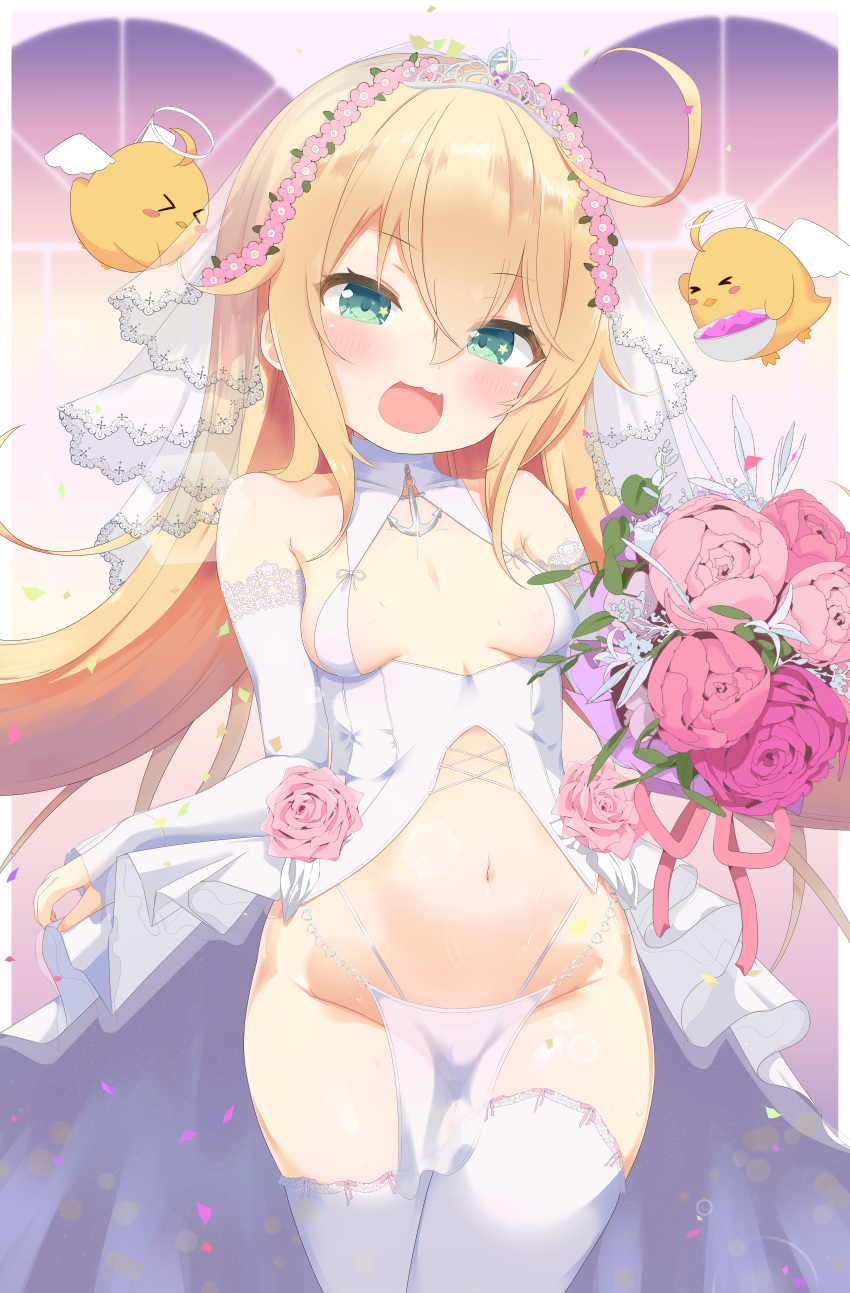 :d absurdres albacore_(azur_lane) alternate_costume azur_lane blonde_hair blush bouquet breasts bridal_gauntlets diadem dress female flower frontless_outfit green_eyes groin hair_between_eyes hair_flower hair_ornament happy highleg highleg_panties highres hip_focus holding holding_bouquet long_hair looking_at_viewer makina9696 navel panties pelvic_curtain pink_flower pink_rose revealing_clothes rose skirt_hold small_breasts smile solo star_(symbol) star_in_eye stomach symbol_in_eye thighhighs thighs underwear veil very_long_hair wedding_dress white_dress white_panties