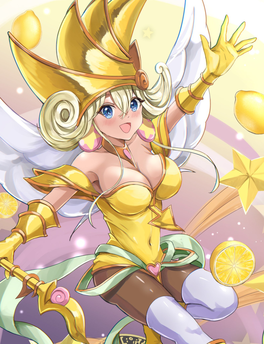 bare_shoulders black_pantyhose blonde_hair blue_eyes breasts curly_hair dress duel_monster feathered_wings food fruit hat highres holding holding_wand lemon lemon_magician_girl medium_hair misakura_aoi pantyhose purple_hair wand white_wings wings yellow_dress yellow_hat yu-gi-oh!