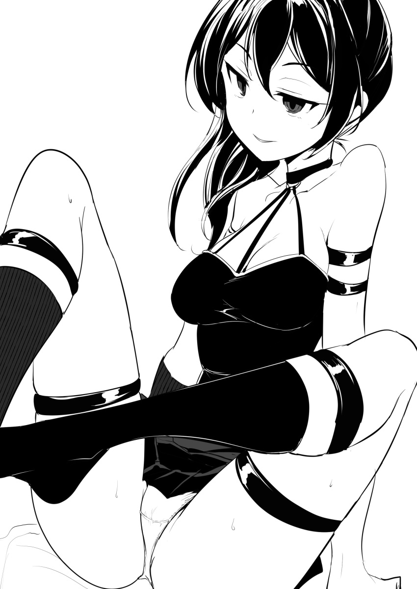 absurdres arm_strap arm_support arms_at_sides bare_shoulders black_dress black_socks breasts choker cleavage clothes_lift collarbone commentary_request dress dress_lift footjob highres jitome kneehighs large_breasts legs_up long_hair looking_ahead momio monochrome no_shoes o-ring o-ring_choker out-of-frame_censoring paid_reward_available panties parted_lips pleated_dress side_ponytail simple_background sitting skindentation sleeveless sleeveless_dress smile socks sousou_no_frieren thigh_strap thighs ubel_(sousou_no_frieren) underwear white_background