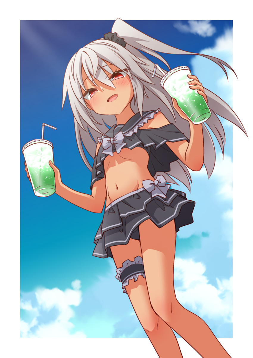 bikini bridal_garter drink drinking_straw elena_trafalgar female gothic_lolita highres holding ikune_juugo lolita_fashion long_hair looking_at_viewer one_side_up original outdoors red_eyes sky stomach swimsuit tan