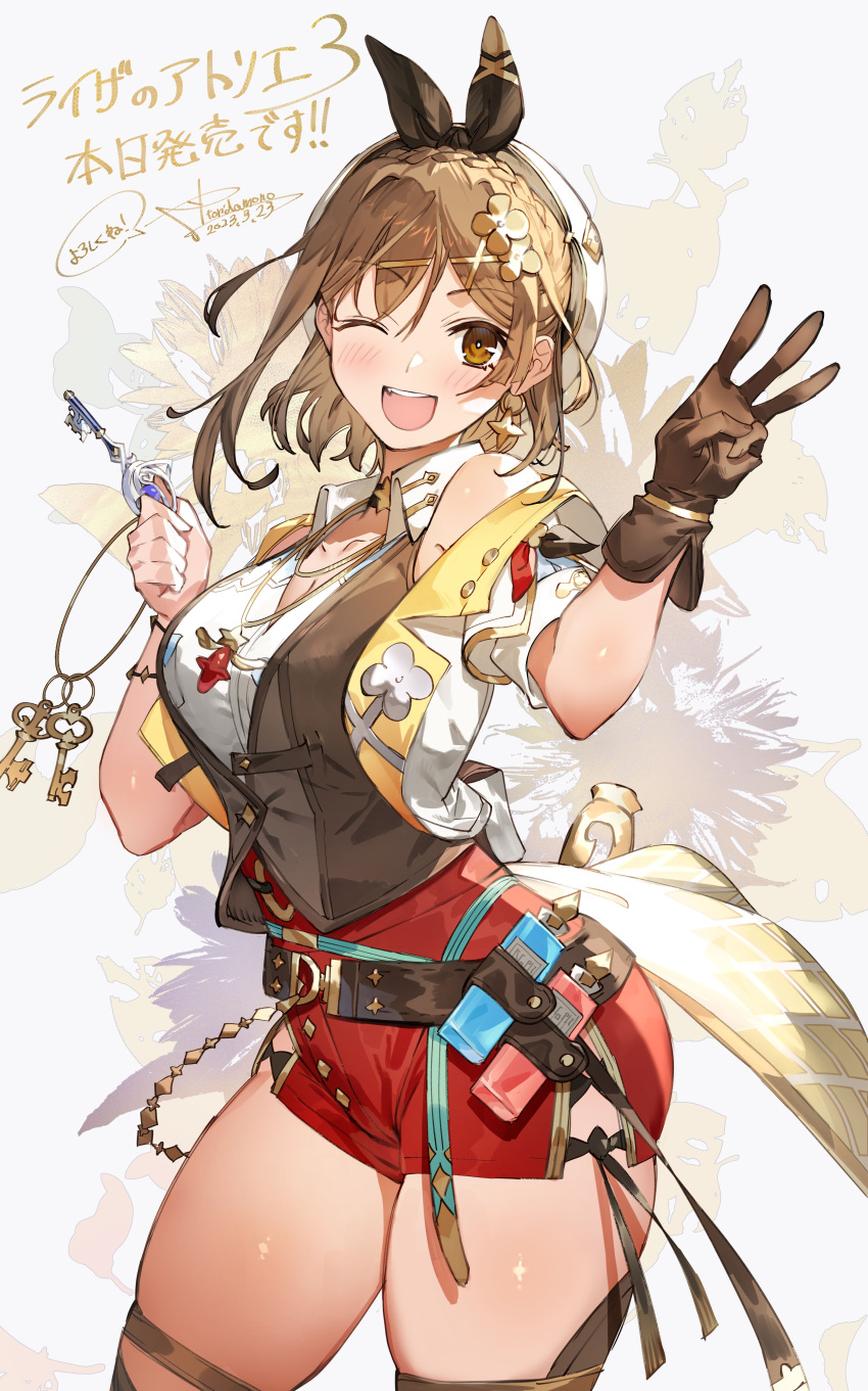 absurdres atelier_(series) atelier_ryza atelier_ryza_3 blush braid breasts brown_eyes brown_hair cleavage female gloves hair_ornament hairclip hat highres jewelry large_breasts looking_at_viewer necklace official_art open_mouth red_shorts reisalin_stout short_hair short_shorts shorts smile solo thick_thighs thighhighs thighs toridamono v-neck white_hat