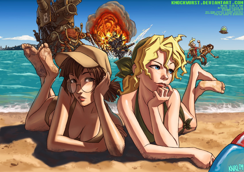 2boys 2girls artist_name bandana barefoot baseball_cap bikini blonde_hair brown_hair brown_hat company_name copyright_name copyright_notice english_commentary english_text explosion fio_germi flying_saucer glasses green_bandana hat huge_hermit kasamoto_eri kienan_lafferty marco_rossi mars_people metal_slug multiple_boys multiple_girls round_eyewear snk spacecraft sv001_(metal_slug) swimsuit tarma_roving