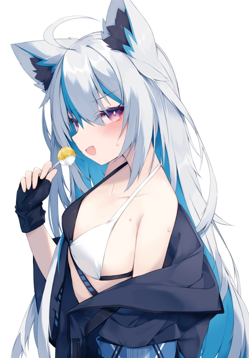 animal_ears bikini bikini_under_clothes black_bikini black_gloves blue_hair blue_jacket breasts candy female fingerless_gloves food gloves highres jacket lollipop long_hair looking_at_viewer looking_to_the_side multicolored_hair nibiiro_shizuka oerba_yun_fang off_shoulder open_clothes open_jacket open_mouth original purple_eyes simple_background small_breasts sweat swimsuit two-tone_bikini two-tone_hair white_background white_bikini white_hair