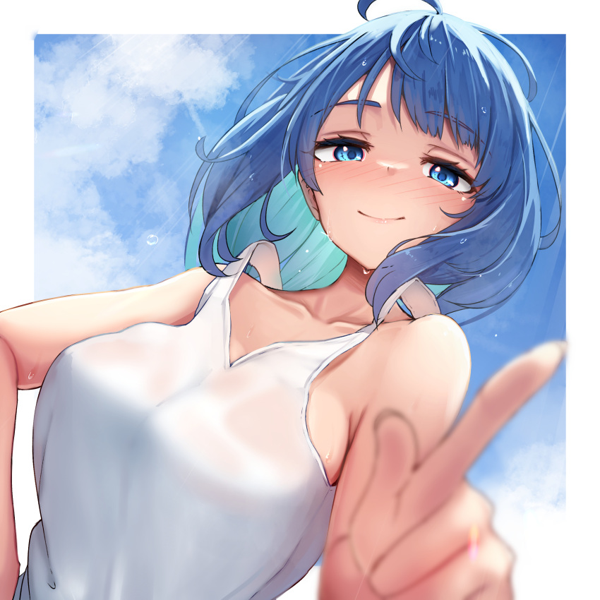 absurdres ahoge bare_arms blue_eyes blue_hair blurry blush border breasts closed_mouth collarbone colored_inner_hair commentary_request depth_of_field female green_hair highres index_finger_raised large_breasts looking_at_viewer make_heroine_ga_oo_sugiru! medium_hair multicolored_hair solo sweat tank_top tatapopo upper_body white_border white_tank_top yanami_anna