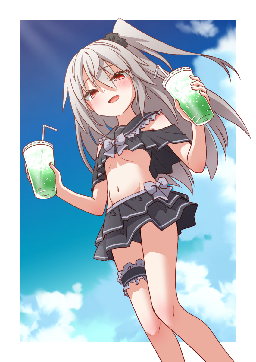 bikini bridal_garter drink drinking_straw elena_trafalgar female gothic_lolita highres holding ikune_juugo lolita_fashion long_hair looking_at_viewer one_side_up original outdoors red_eyes sky stomach swimsuit