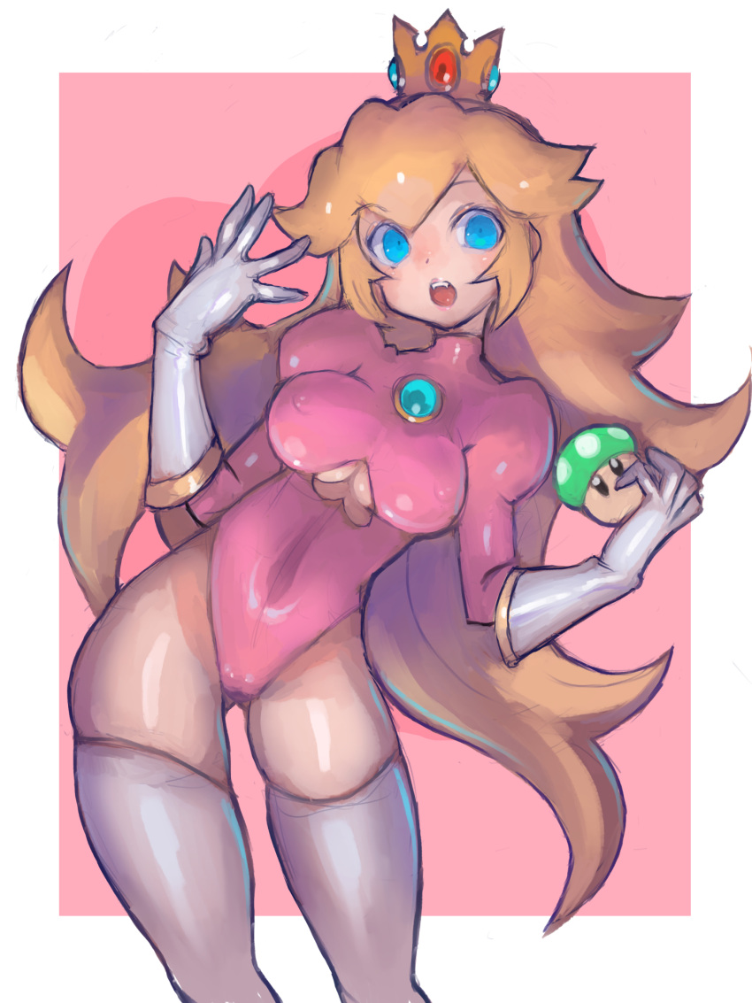 1-up_mushroom alternate_costume blonde_hair blue_eyes blue_gemstone breasts chest_jewel clothing_cutout constricted_pupils covered_navel crown dakusuta fangs female gem gloves hands_up heart heart_background heart_cutout highres holding holding_mushroom jeweled_crown juliet_sleeves leotard long_hair long_sleeves mario_(series) mini_crown mushroom open_mouth pink_background pink_leotard princess_peach puffy_sleeves red_gemstone solo spread_fingers teeth underboob underboob_cutout upper_teeth_only w_arms white_gloves