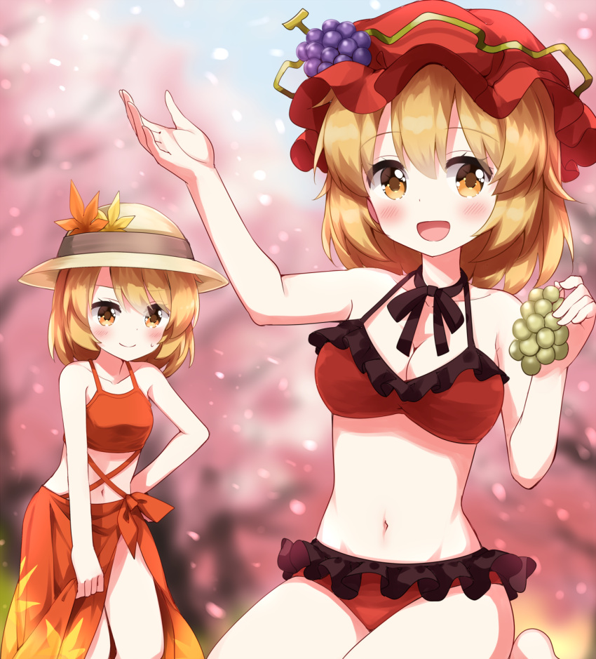 2girls :d adapted_costume aki_minoriko aki_shizuha arm_up bikini black_ribbon blonde_hair blurry blurry_background blush breasts cleavage closed_mouth commentary_request eyes_visible_through_hair falling_petals feet_out_of_frame food frilled_bikini frills fruit fruit_hat_ornament grapes groin hand_on_own_hip hand_up hat hat_leaf hat_ornament highres holding holding_food holding_fruit kneeling leaf leaf_hat_ornament looking_at_viewer medium_breasts medium_hair mob_cap multiple_girls navel neck_ribbon open_mouth orange_bikini orange_sarong petals red_bikini ribbon ruu_(tksymkw) sarong siblings sisters smile standing sweatdrop swimsuit touhou yellow_eyes