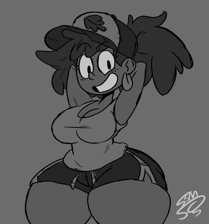 absurdres amphibia anne_boonchuy arms_behind_head artist_logo artist_name baseball_cap ear_piercing grey_background greyscale hat highres monochrome open_mouth piercing shorts signature simple_background solarmannstudio tank_top teeth that-technique thick_thighs thighs toon_(style)