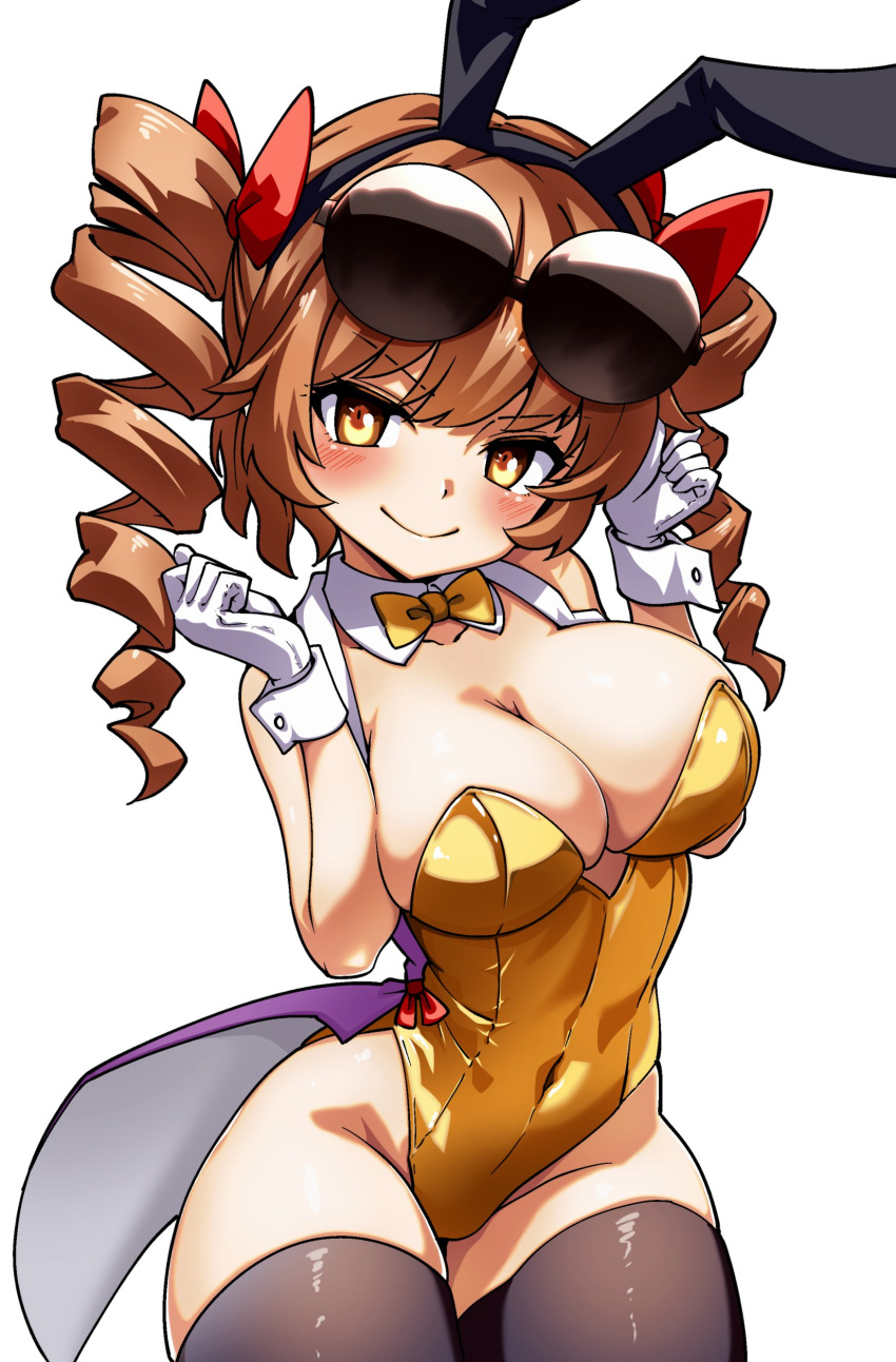 absurdres animal_ears black_thighhighs breasts cleavage cowboy_shot drill_hair eyewear_on_head fake_animal_ears female gloves highres kikoka_(mizuumi) leotard looking_at_viewer playboy_bunny simple_background solo thighhighs touhou white_background white_gloves yellow_leotard yorigami_jo'on