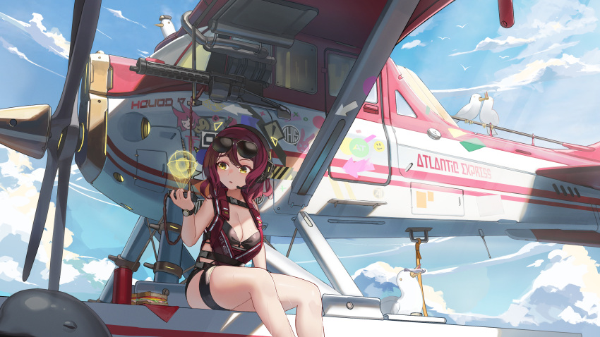 absurdres animal bare_arms bare_shoulders bikini bird black_bikini blue_sky breasts cleavage cloud commission day eyewear_on_head feet_out_of_frame female hand_up headphones headset highres hologram medium_breasts natori_youkai original outdoors parted_lips pontoon purple_hair red_vest seagull seaplane sign sky solo sunglasses swimsuit vest warning_sign watch wet wristwatch yellow_eyes