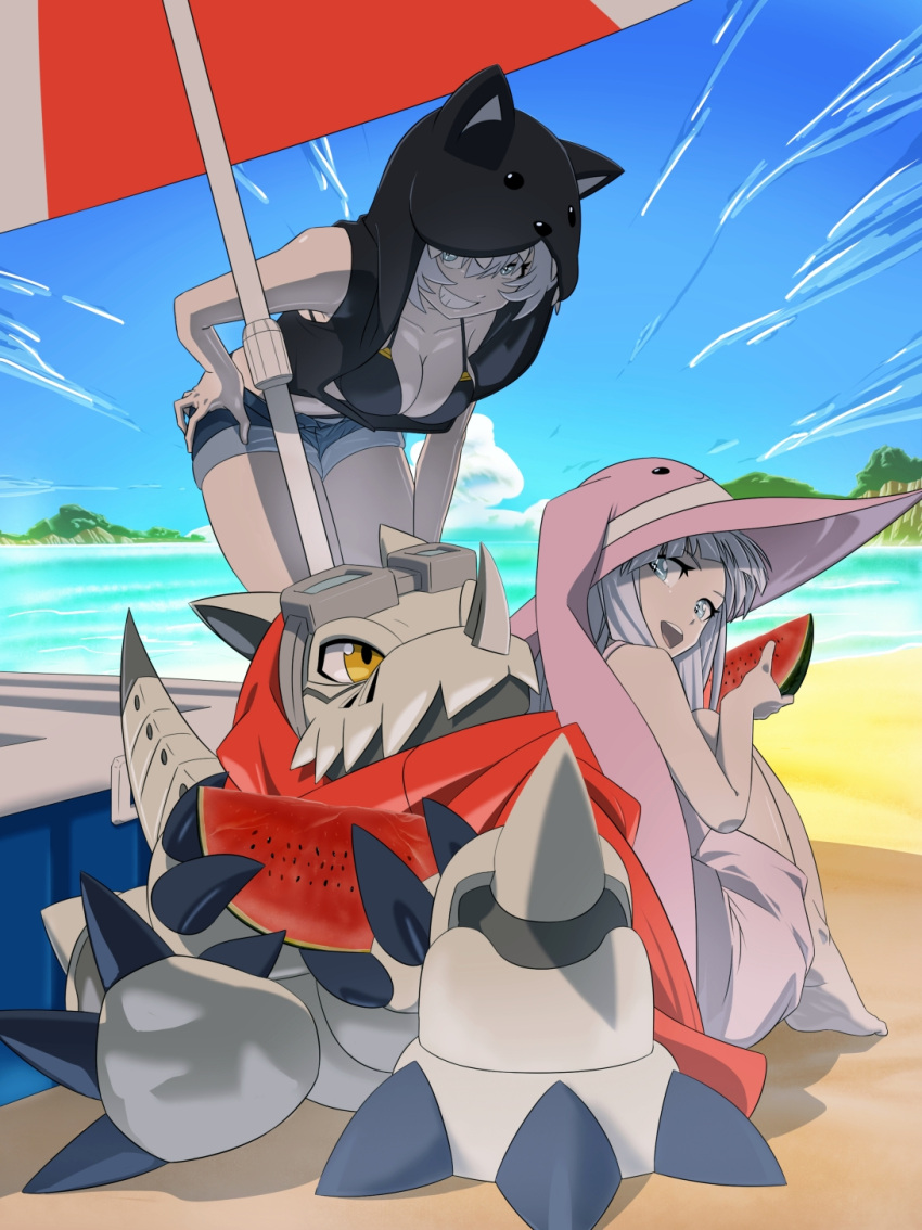 2girls :d alternate_costume animal_hat animal_hood bare_shoulders barefoot beach beach_umbrella bikini bikini_top_only black_bikini black_vest blue_sky blunt_bangs breasts cat_hood cleavage cloud collarbone commentary_request cooler day denim denim_shorts digimon digimon_(creature) dress food fruit full_body goggles goggles_on_head grey_eyes grey_hair grin hackmon_(digimon) hair_between_eyes hand_on_own_hip hat highres holding holding_food holding_fruit hood hood_up hooded_vest hoodie long_hair looking_at_viewer medium_breasts midriff multiple_girls ocean open_mouth outdoors pink_dress pink_hat rabbit_hood red_scarf scarf shadow short_hair short_shorts shorts sidelocks sistermon_blanc sistermon_noir sitting sky sleeveless sleeveless_dress small_breasts smile standing sundress swimsuit taira_(tairamon) teeth umbrella upper_teeth_only vest watermelon watermelon_slice