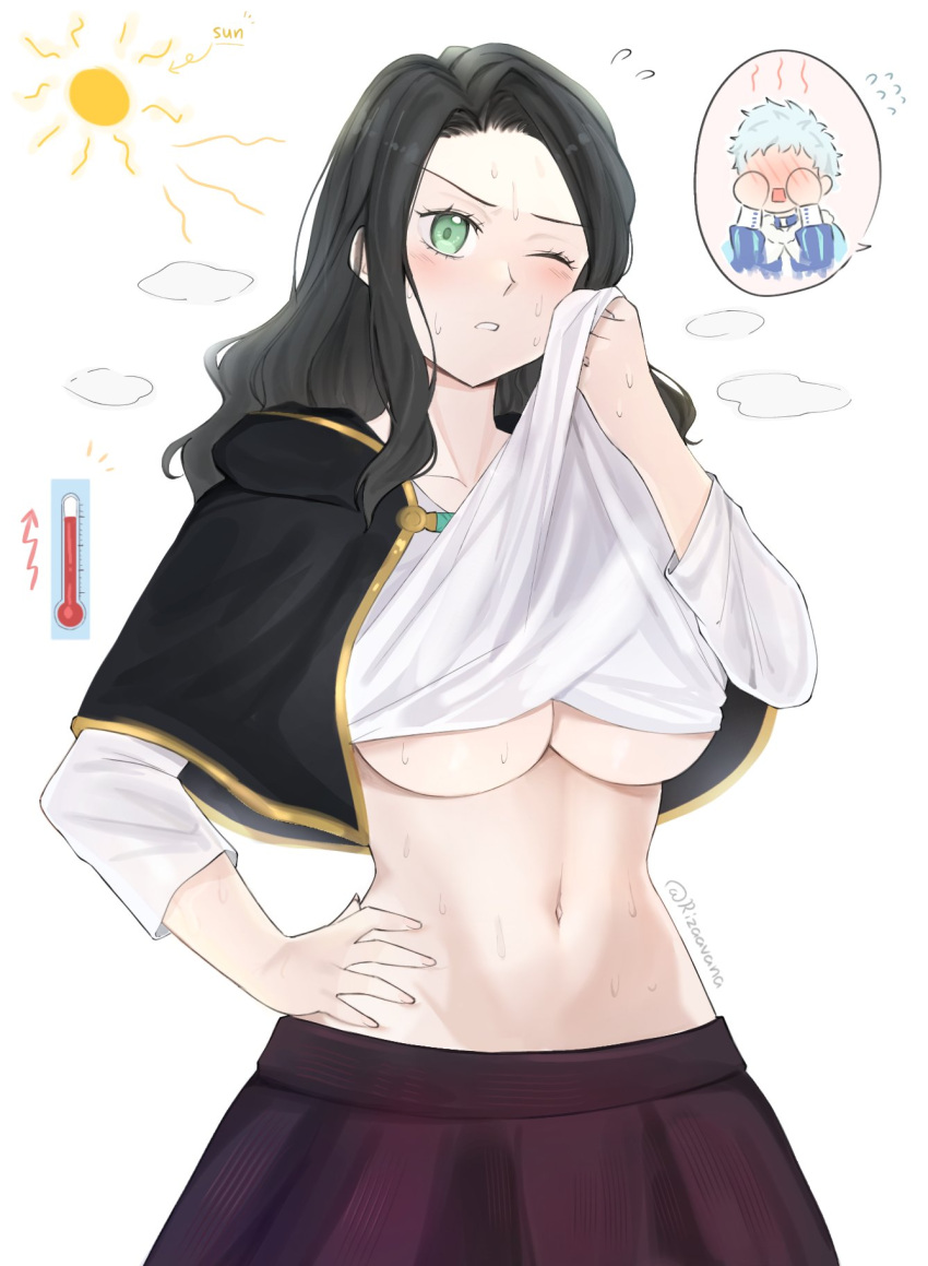 1boy artist_name black_clover black_hair blush breasts charmy_pappitson chibi chibi_inset cleavage closed_eyes closed_mouth clothes_lift collarbone cowboy_shot crop_top female green_eyes hand_on_own_hip hands_on_own_hips highres holding jacket jewelry large_breasts lifting_own_clothes long_hair long_sleeves looking_at_viewer medium_breasts midriff miniskirt multiple_girls navel no_bra non-web_source one_eye_closed open_clothes open_mouth parted_bangs plaid_clothes plaid_skirt pleated_skirt rizaavana school_uniform shirt shirt_lift short_hair short_sleeves sidelocks simple_background skirt skirt_lift solo standing stomach sweat sweatdrop twitter_username underboob underwear undressing upper_body white_background white_shirt