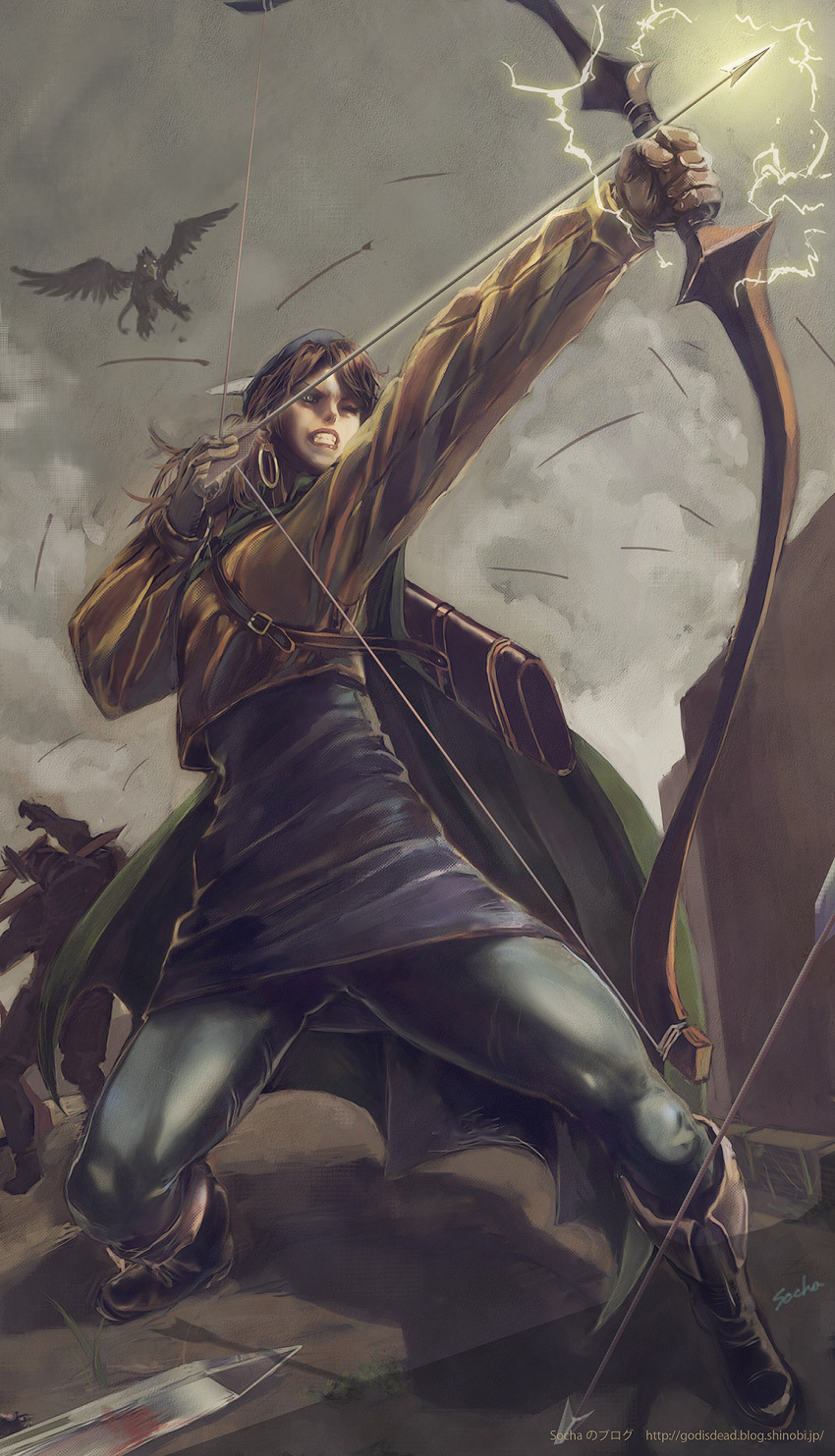 arrow_(projectile) artist_name arycelle_dania battle black_hat bow_(weapon) brown_hair cape clenched_teeth cloud drawing_bow earrings female gloves green_cape grey_sky hat highres holding holding_bow_(weapon) holding_weapon hoop_earrings jewelry long_hair quiver sky socha_(pixiv99744) standing tactics_ogre teeth weapon web_address