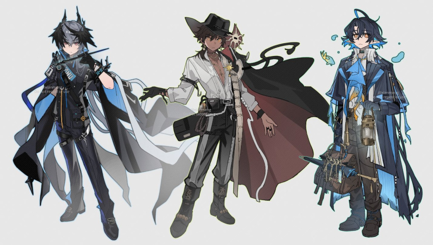 3boys arknights ascot bag black_cape black_gloves black_hat black_jacket black_pants blue_ascot blue_hair brown_hair cape coat colored_inner_hair commentary english_commentary fish gloves grey_background grey_coat grey_hair hat head_wings holding holding_bag holding_wand horns infection_monitor_(arknights) jacket key lantern logos_(arknights) long_hair looking_at_viewer lumen_(arknights) male_focus multicolored_hair multiple_boys open_clothes open_shirt orange_eyes pants red_cape red_eyes shirt short_ponytail simple_background single_glove thorns_(arknights) thorns_(blade-cleaved_tides)_(arknights) two-sided_cape two-sided_fabric umbrella wand white_shirt wings xian_meng_huanyou_ji