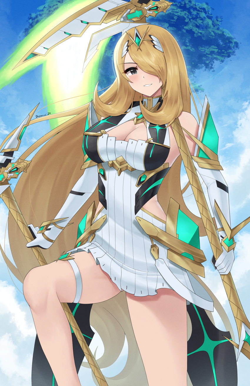 alternate_breast_size blonde_hair breasts cleavage cloud commentary cosplay cynthia_(pokemon) day doiparuni dress female gloves grey_eyes hair_ornament hair_over_one_eye highres hip_vent holding holding_weapon large_breasts leg_up long_hair looking_at_viewer mythra_(xenoblade) mythra_(xenoblade)_(cosplay) outdoors pokemon pokemon_dppt scythe sky smile solo teeth thigh_strap weapon white_dress white_gloves xenoblade_chronicles_(series)