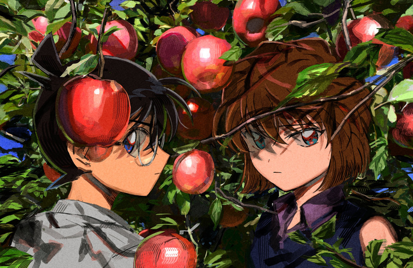 1boy apple apple_tree bare_shoulders black_hair black_shirt blue_background blue_eyes blue_sky blunt_ends bob_cut branch brown_hair close-up closed_mouth collared_shirt dress_shirt edogawa_conan expressionless face-to-face female food from_side fruit glasses green_eyes haibara_ai hair_between_eyes highres in_tree leaf looking_at_viewer looking_to_the_side meitantei_conan outdoors portrait rectangular_eyewear segami shirt short_hair sky sleeveless sleeveless_shirt tree white_shirt