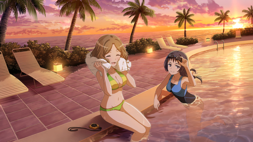 2girls adjusting_eyewear arm_rest artist_request awatsuki_maaya beach_chair bikini black_hair blue_one-piece_swimsuit blush breasts brown_hair cleavage closed_eyes cloud cloudy_sky collarbone competition_swimsuit game_cg goggles goggles_on_head green_bikini groin highres holding holding_towel legs long_hair looking_at_viewer low-tied_long_hair medium_breasts multiple_girls navel ocean official_art one-piece_swimsuit open_mouth orange_sky outdoors palm_tree parted_hair pool pool_ladder second-party_source short_hair sidelocks sitting sky smile stopwatch striped_bikini striped_clothes sunset swimsuit thighs tile_floor tiles toaru_majutsu_no_index toaru_majutsu_no_index:_imaginary_fest towel tree wannai_kinuho wavy_hair wet