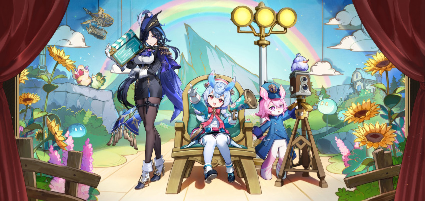 3girls :d absurdres ascot bird black_skirt blue_ascot blue_coat blue_hair blue_hat blue_shirt bow bowtie brown_pantyhose camera cape chair clapperboard clorinde_(genshin_impact) coat flower genshin_impact gloves hat high_heels highres holding long_hair long_sleeves melusine_(genshin_impact) miniskirt multiple_girls official_art open_mouth pantyhose pencil_skirt pink_bow pink_bowtie pink_hair purple_cape purple_eyes purple_hair shirt sigewinne_(genshin_impact) sitting skirt slime_(genshin_impact) smile sunflower thigh_strap tricorne very_long_hair white_gloves white_pantyhose white_shirt