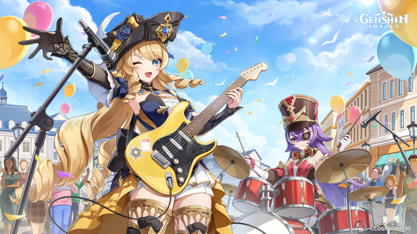 2girls absurdres bare_shoulders bass_guitar black_gloves black_hat blonde_hair blue_eyes breasts chevreuse_(genshin_impact) closed_mouth detached_sleeves dress drill_hair drill_sidelocks drum drum_set drumsticks earmuffs earmuffs_around_neck electric_guitar eyepatch fender_stratocaster genshin_impact gloves guitar hat highres holding holding_bass_guitar holding_drumsticks holding_instrument instrument jewelry long_hair medium_breasts microphone microphone_stand multicolored_hair multiple_girls navia_(genshin_impact) official_art one_eye_closed open_mouth purple_eyes purple_hair shako_cap shorts sidelocks smile streaked_hair thighhighs two-tone_hair very_long_hair white_gloves white_hair white_shorts