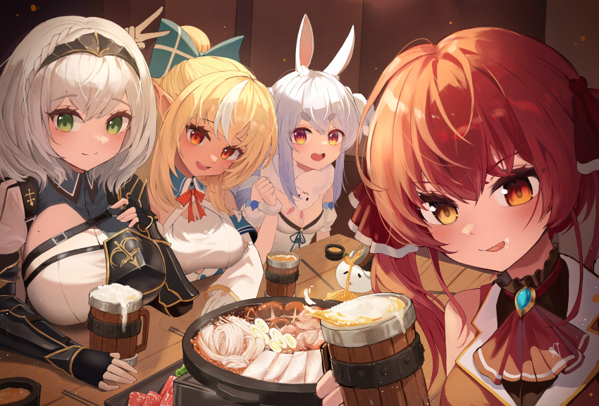 4girls absurdres armor armored_dress ascot beer_mug black_choker black_gloves black_leotard blonde_hair blue_dress braid breasts choker cleavage cup daraamji2 don-chan_(usada_pekora) dress fingerless_gloves frilled_choker frills gloves grey_hair hair_ribbon heterochromia highres holding holding_cup hololive hololive_fantasy houshou_marine houshou_marine_(1st_costume) jacket large_breasts leotard leotard_under_clothes looking_at_viewer mug multicolored_hair multiple_girls open_mouth orange_eyes ponytail red_ascot red_eyes red_hair red_jacket red_ribbon ribbon shiranui_flare shiranui_flare_(1st_costume) shirogane_noel shirogane_noel_(1st_costume) short_hair sleeveless sleeveless_jacket small_breasts smile streaked_hair tongue tongue_out twin_braids two-tone_dress usada_pekora usada_pekora_(1st_costume) virtual_youtuber white_dress yellow_eyes