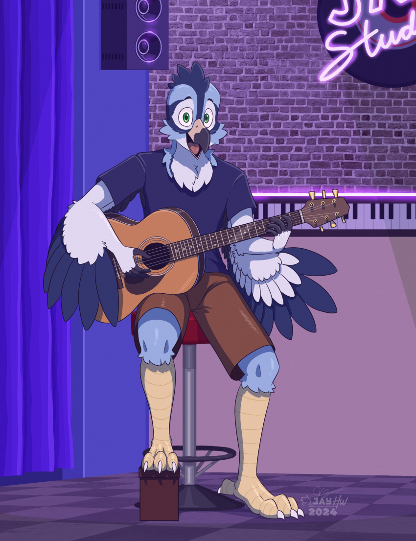 2024 3_toes 5_fingers absurd_res acoustic_guitar anthro artist_logo avian barefoot beak bird black_beak black_clothing black_eyebrows black_shirt black_t-shirt black_topwear blue_body blue_curtains blue_feathers bottomwear brick_wall brown_bottomwear brown_clothing brown_shorts cel_shading cheek_tuft chest_tuft claws clothing countershade_torso countershading detailed_background eye_markings eyebrows facial_markings facial_tuft feathers feet fingerless_(marking) fingers floor furniture green_eyes guitar head_markings head_tuft hi_res holding_guitar holding_musical_instrument holding_object inside knee_tuft leg_tuft logo looking_at_viewer male markings multicolored_beak musical_instrument neon_sign open_beak open_mouth pink_tongue playing_guitar playing_music plucked_string_instrument sammfeatblueheart scuted_legs scutes shaded shirt shorts sign signature sitting sitting_on_stool solo speaker stool string_instrument t-shirt tan_scutes tile tile_floor toe_claws toes tongue topwear tuft two_tone_beak wall_(structure) white_body white_claws white_feathers winged_arms wings yellow_beak