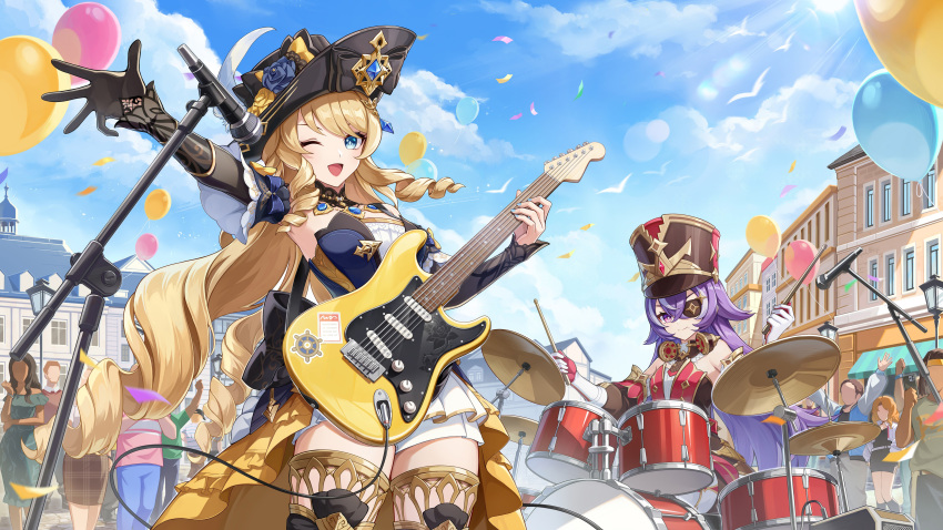 2girls absurdres bare_shoulders bass_guitar black_gloves black_hat blonde_hair blue_eyes breasts chevreuse_(genshin_impact) closed_mouth detached_sleeves dress drill_hair drill_sidelocks drum drum_set drumsticks earmuffs earmuffs_around_neck electric_guitar eyepatch fender_stratocaster genshin_impact gloves guitar hat highres holding holding_bass_guitar holding_drumsticks holding_instrument instrument jewelry long_hair medium_breasts microphone microphone_stand multicolored_hair multiple_girls navia_(genshin_impact) official_art one_eye_closed open_mouth purple_eyes purple_hair shako_cap shorts sidelocks smile streaked_hair thighhighs two-tone_hair very_long_hair white_gloves white_hair white_shorts