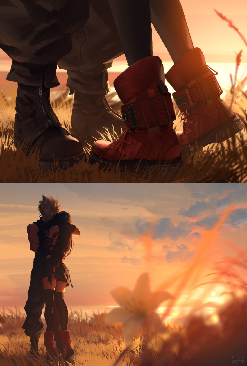 1boy absurdres baggy_pants bare_shoulders bird black_gloves black_hair black_skirt black_thighhighs blonde_hair blurry blurry_foreground boots cloud cloud_strife cloudy_sky couple crop_top elbow_gloves english_commentary female final_fantasy final_fantasy_vii final_fantasy_vii_remake flower full_body gloves grass height_difference highres horizon hug kissing long_hair lower_body miniskirt narrow_waist ocean orange_sky outdoors pants red_footwear safaia single_bare_shoulder skirt sky sleeveless sleeveless_turtleneck spiked_hair standing sun sunset sweater tank_top thighhighs tifa_lockhart tiptoes turtleneck turtleneck_sweater white_tank_top yellow_flower zettai_ryouiki