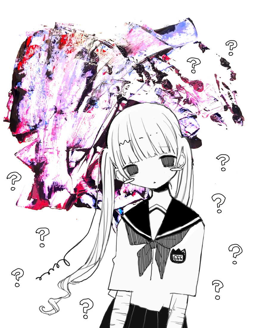 ? abstract_background absurdres blush_stickers female greyscale_with_colored_background hatching_(texture) highres long_hair looking_at_viewer name_tag neckerchief noroi_(rnatataki) original pleated_skirt sailor_collar sailor_shirt scar scar_on_arm school_uniform self-harm_scar serafuku shirt skirt solo straight_hair twintails