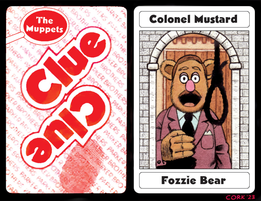 2023 4_fingers anthro bear big_nose black_border border brown_body brown_facial_hair brown_fur brown_mustache bruce_mccorkindale card clothing clue_(film) cluedo colonel_mustard crossover english_text eyebrows facial_hair fingerprint fingers fozzie_bear fur hasbro jacket looking_at_viewer magnifying_glass male mammal mansion moustache muppet muppets necktie noose parody pink_nose playing_card rope shirt signature silhouette solo tabletop_game text the_muppet_show thick_eyebrows topwear white_clothing white_shirt white_topwear window