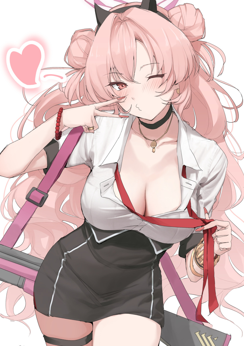 assault_rifle black_skirt blue_archive blush breasts cleavage collared_shirt cowboy_shot double_bun fake_horns female fingernails gun h&k_hk33 hair_bun halo heart highres horns kirara_(blue_archive) large_breasts long_fingernails long_hair looking_at_viewer mitsuru_(pixiv_34028718) nail_polish one_eye_closed pink_eyes pink_hair pink_halo pink_nails rifle shirt simple_background skirt solo thigh_strap v variant_set weapon white_background white_shirt