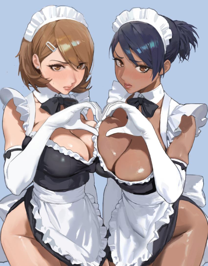 2girls alternate_breast_size alternate_costume apron back_bow black_bow black_bowtie black_dress blue_hair blush bow bowtie breasts brown_eyes brown_hair cleavage closed_mouth collarbone commentary cowboy_shot dark_blue_hair detached_collar dress earrings elbow_gloves english_commentary frilled_apron frilled_hairband frills gloves hair_behind_ear hair_between_eyes hair_ornament hairband hairclip heart heart_hands heart_hands_duo high_ponytail highres hintobento jewelry large_breasts lips looking_at_viewer maid maid_apron maid_headdress medium_hair multiple_girls nishiwaki_yuuko pearl_earrings persona persona_3 persona_3_reload pink_lips short_dress short_hair simple_background stud_earrings sweatdrop swept_bangs thighs unconventional_maid white_apron white_bow white_gloves wide_hips yukari_takeba