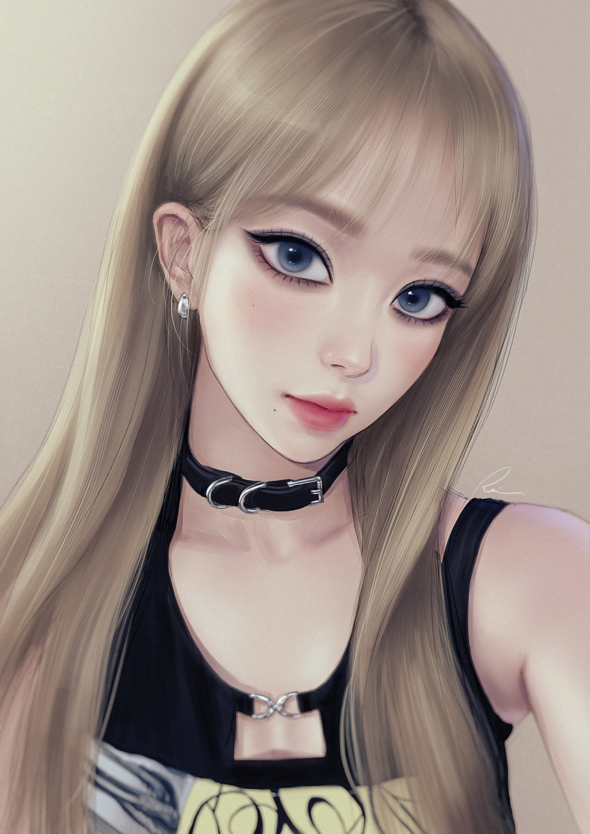 aespa black_collar blonde_hair blue_eyes collar earrings female hair_behind_ear head_tilt highres jewelry k-pop karina_(aespa) lips long_hair looking_at_viewer mole mole_under_mouth real_life simple_background solo umigraphics upper_body