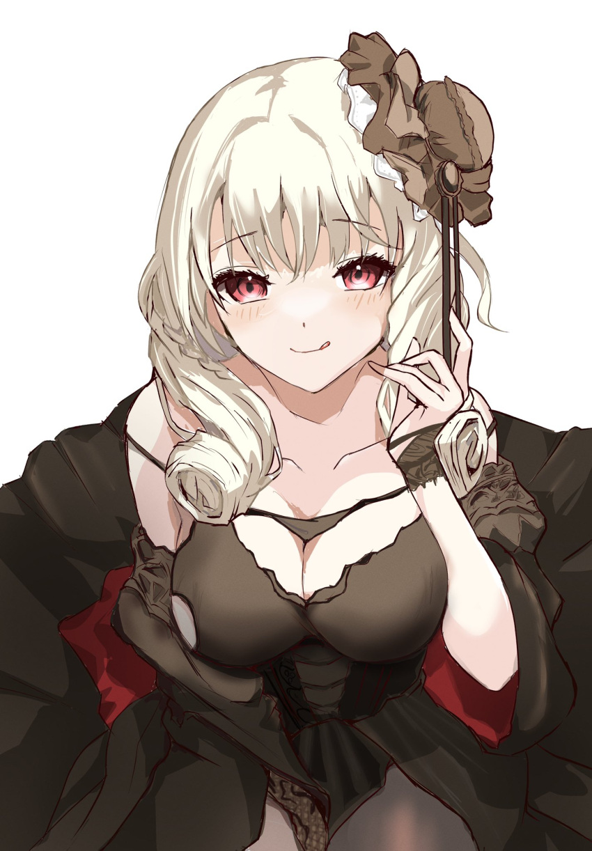 azur_lane black_dress blonde_hair breasts cleavage dress drill_hair drill_sidelocks female highres licking_lips looking_at_viewer luetzow_(azur_lane) luetzow_(everlasting_blood_banquet)_(azur_lane) noshibukuro official_alternate_costume red_eyes sidelocks simple_background solo tongue tongue_out upper_body white_background