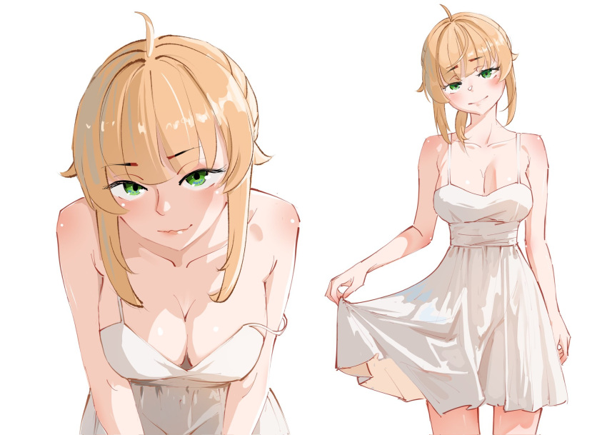 aged_up ahoge babywipes breasts commentary cowboy_shot dress english_commentary female green_eyes highres large_breasts leaning_forward looking_at_viewer multiple_views mushoku_tensei norn_greyrat sidelocks simple_background skirt_hold smile spaghetti_strap thighs upper_body white_background white_dress