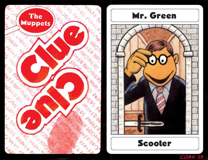 2023 4_fingers adjusting_glasses black_border black_clothing black_jacket black_suit black_topwear border brown_hair bruce_mccorkindale card clothing clue_(film) cluedo crossover dagger english_text eyewear fingerprint fingers glasses hair hasbro humanoid jacket looking_down magnifying_glass male mansion melee_weapon mr._green muppet muppets necktie noseless orange_body orange_skin parody pattern_necktie playing_card scooter_(muppets) shirt signature solo striped_necktie suit tabletop_game text the_muppet_show topwear weapon white_clothing white_shirt white_topwear window