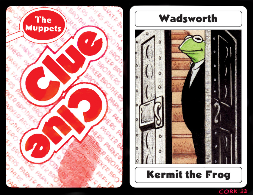 2023 amphibian anthro black_border black_clothing black_suit border bruce_mccorkindale butler card clothing clue_(film) cluedo crossover door doorway english_text fingerprint frog green_body green_skin hasbro kermit_the_frog looking_at_viewer magnifying_glass male mansion muppet muppets necktie noseless parody playing_card shirt signature solo stairs suit tabletop_game text the_muppet_show topwear wadsworth_(clue) white_clothing white_shirt white_topwear window