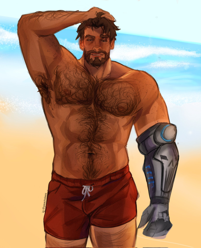 1boy abs arm_up armpit_hair bara beard brown_eyes brown_hair cassidy_(overwatch) cowboy_shot dark-skinned_male dark_skin excessive_armpit_hair facial_hair full_beard hairy hand_on_own_head highres large_pectorals looking_at_viewer male_focus male_swimwear mature_male muscular muscular_male navel navel_hair nipple_hair nipples overwatch peachydaes2 pectorals prosthesis prosthetic_arm red_male_swimwear short_hair solo sparse_leg_hair standing stomach swim_trunks thick_arm_hair thick_beard thick_chest_hair thick_eyebrows thick_navel_hair tsurime very_hairy