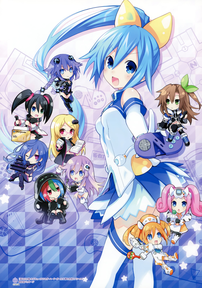 6+girls absurdres bare_shoulders black_hair blonde_hair blue_eyes blue_hair blush bodysuit book boots braid breasts brown_hair chibi choujigen_taisen_neptune_vs_sega_hard_girls earrings game_cg gloves green_eyes hair_between_eyes hair_ornament heterochromia highres holding holding_book if_(neptunia) iris_heart jewelry long_hair medium_breasts multiple_girls nepgear neptune_(series) non-web_source official_art open_mouth orange_hair orange_heart_(neptunia) pink_hair ponytail power_symbol power_symbol-shaped_pupils purple_eyes purple_hair purple_heart_(neptunia) purple_sister red_eyes sega_dreamcast_(sega_hard_girls) sega_game_gear_(sega_hard_girls) sega_hard_girls sega_hatsumi sega_mega_drive_(sega_hard_girls) sega_saturn_(sega_hard_girls) simple_background sitting skirt small_breasts smile standing symbol-shaped_pupils thigh_boots thighhighs thighs tied_hair tsunako twin_braids twintails very_long_hair zettai_ryouiki