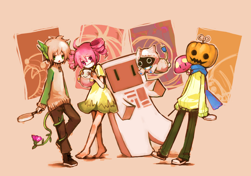 1boy :3 ahoge barefoot blue_scarf cactloid commentary_request drill_hair electric_plug eruri_(mgmn) female green_eyes grey_hair iwashi_ga_tsuchi_kara_haetekuru_n_da_(utau) jack-o'-lantern kasane_teto koronba koronba_4-gou looking_at_viewer mask mitei_nanda mouth_mask mushroom neumafu open_mouth pink_eyes pink_hair pumpking scarf shoes short_hair sneakers sousei_nemu surgical_mask sweater triangle_mouth twin_drills utau