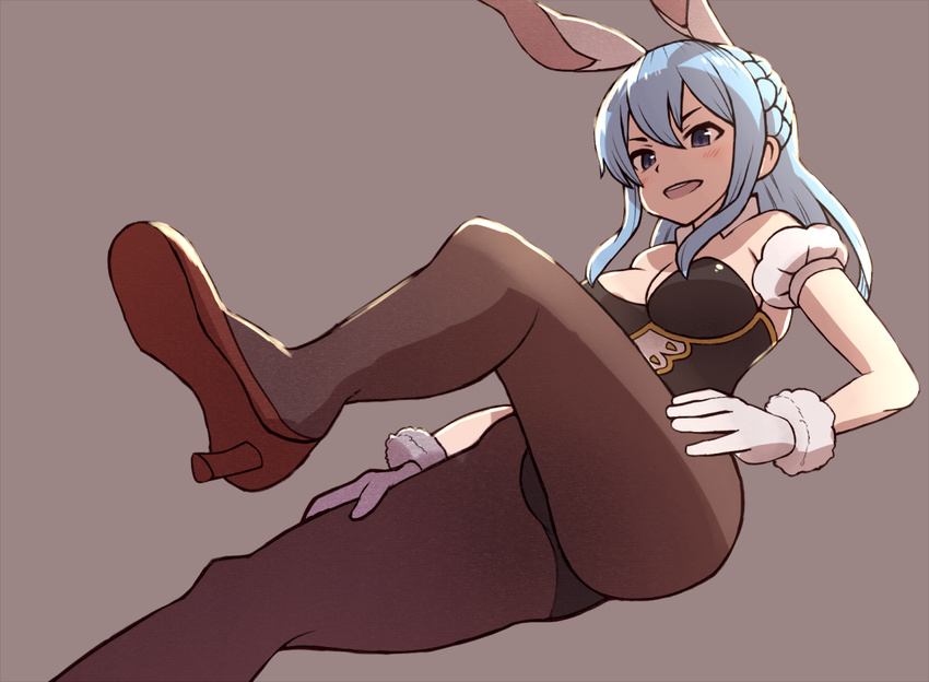 :d animal_ears bad_id bad_pixiv_id black_pantyhose blue_hair blush braid dakunesu female french_braid gloves granblue_fantasy high_heels long_hair looking_at_viewer open_mouth pantyhose playboy_bunny purple_eyes rabbit_ears simple_background smile solo therese_(granblue_fantasy) v-shaped_eyebrows