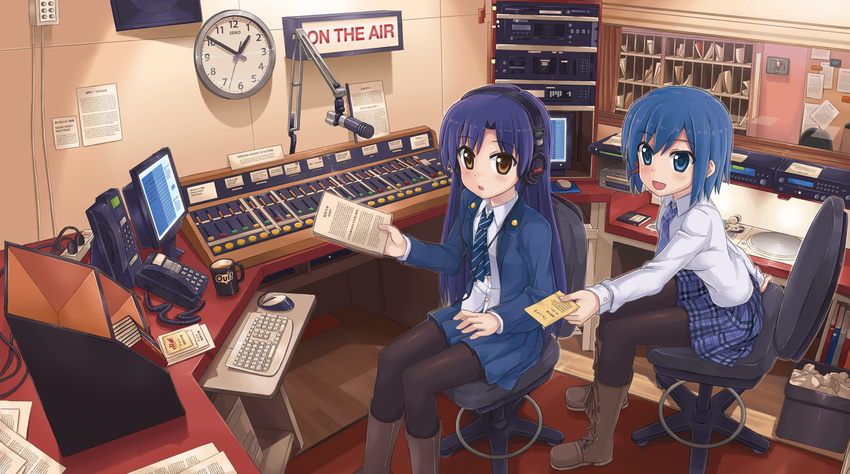 2girls :d blazer blue_eyes blue_hair brown_eyes commentary_request computer corded_phone headphones idolmaster idolmaster_(classic) jacket kisaragi_chihaya long_hair multiple_girls necktie npcpepper open_mouth original phone photoshop_(medium) plaid plaid_skirt pleated_skirt purple_hair radio_booth school_uniform short_hair sitting skirt smile thighhighs