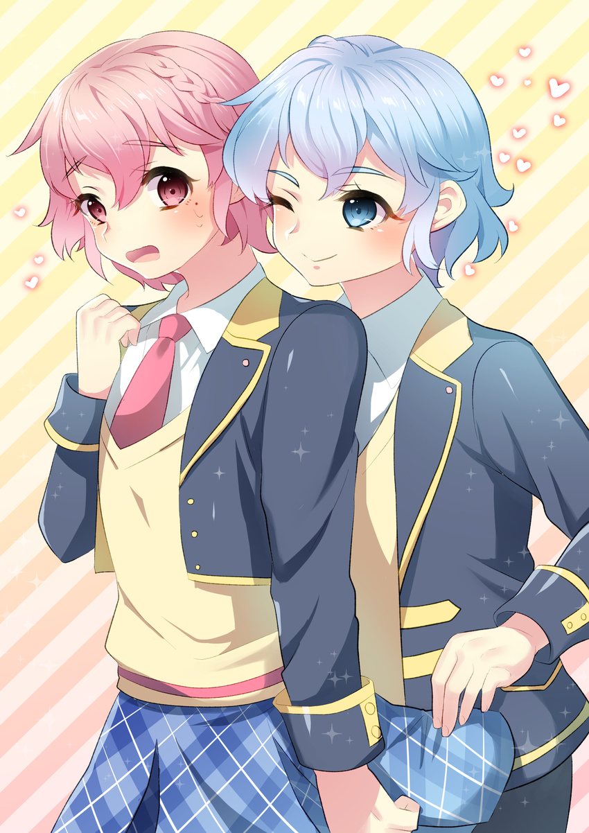 1boy blue_eyes blue_hair crossdressing dorothy_west female leona_west necktie pink_eyes pink_hair plaid_skirt pripara school_uniform short_hair skirt tagme trap