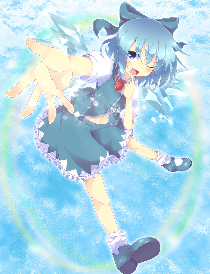 blue_eyes blue_hair cirno colorized commentary_request do_(4-rt) female finger_to_mouth hair_ribbon highres ice ice_wings josephine_(twin_tail_rabbit) mary_janes midriff navel oerba_yun_fang open_mouth outstretched_arm outstretched_hand perspective puffy_sleeves ribbon shoes short_hair skirt smile solo touhou wings