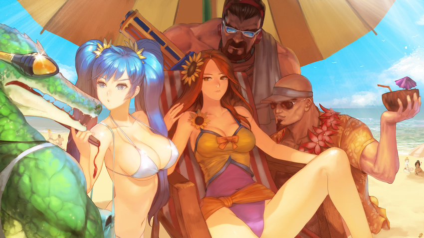 4boys 4girls :o annoyed bag bald bare_shoulders beach beach_umbrella beard bendy_straw bikini blue_eyes blue_hair breasts brown_eyes brown_hair casual_one-piece_swimsuit chair cleavage cocktail_umbrella coconut commentary dark-skinned_male dark_skin day drinking_straw english_commentary ezreal facial_hair flower flower_necklace folding_fan fruit_cup furry furry_male goatee goggles graves_(league_of_legends) hair_flower hair_ornament hand_fan hawaiian_shirt headphones highres holding holding_fan instant_ip knee_up large_breasts league_of_legends lee_sin lei leona_(league_of_legends) lizardman long_hair looking_at_another lounge_chair moustache multicolored_clothes multicolored_swimsuit multiple_boys multiple_girls navel nidalee ocean one-piece_swimsuit orange_sarong orianna_(league_of_legends) outdoors parted_lips photoshop_(medium) pool_party_(league_of_legends) pool_party_graves pool_party_lee_sin pool_party_leona pool_party_renekton puckered_lips renekton sarong shade shirt short_sleeves shoulder_bag sitting smile sona_(league_of_legends) strap_gap string_bikini sunflower sunglasses sunlight swimsuit taric tropical_drink twintails umbrella visor_cap water_gun when_you_see_it white_bikini